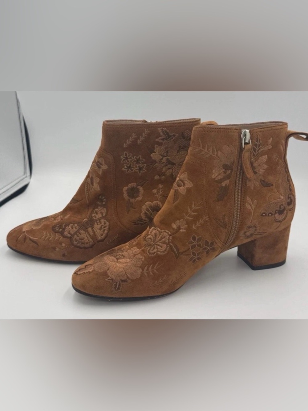 Johnny Was Taline Embroidered Suede Boots Booties Brown Size 8 Leather Soles - Picture 2 of 12